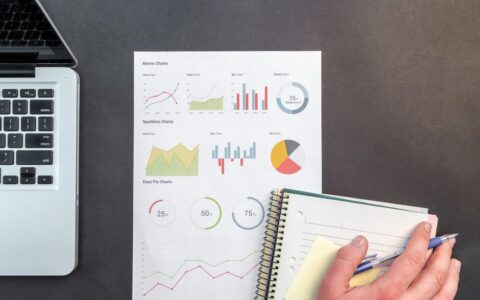 Overhead view of a business desk with charts and a laptop, ideal for data analysis concepts.